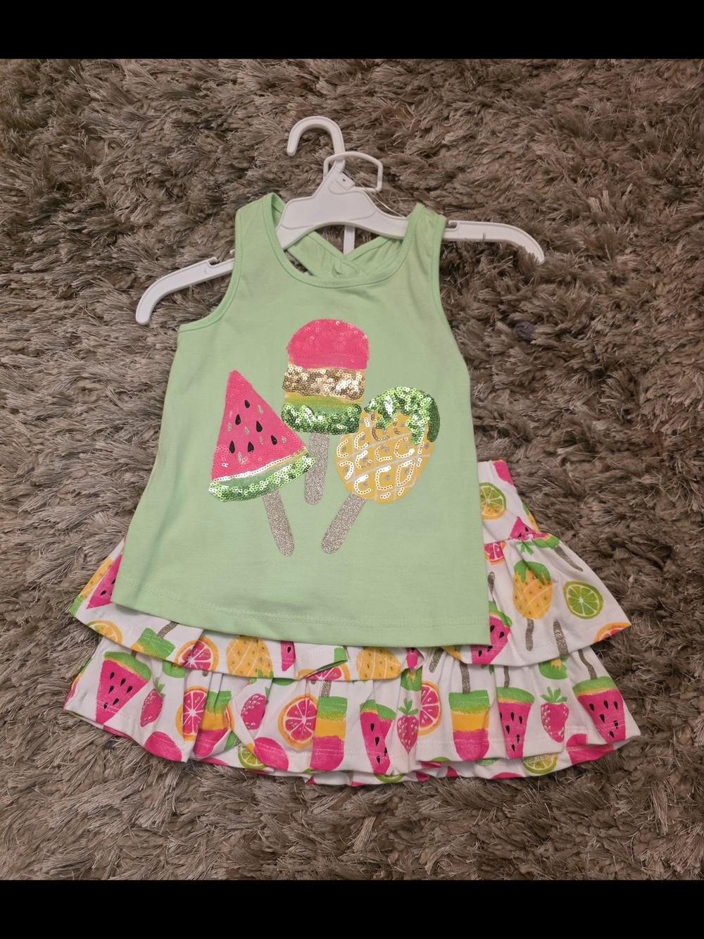 Isaac Mizrahi Light Green & Pink Fruit Sequin Tank + Skirt Set